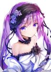  1girl bangs bare_shoulders black_hairband closed_mouth commentary_request dress euryale eyebrows_visible_through_hair fate/hollow_ataraxia fate_(series) flower gradient gradient_background grey_background hair_between_eyes hairband highres long_hair looking_at_viewer nanakusa_amane purple_eyes purple_hair rose sidelocks smile solo star strapless strapless_dress twintails upper_body very_long_hair white_background white_dress white_flower white_rose 