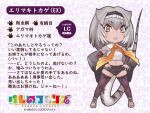  1girl bow bowtie cape character_profile copyright_name elbow_gloves frilled_lizard_(ex)_(kemono_friends) full_body gloves grey_eyes grey_hair kemono_friends kemono_friends_3 lizard_tail looking_at_viewer lowres navel official_art sandals short_hair shorts simple_background solo strapless tail thighhighs translation_request tube_top yoshizaki_mine 