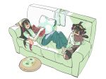  &gt;_&lt; 1boy 1girl alternate_costume anger_vein animal_ears black_hair brother_and_sister carmine_(pokemon) character_pillow couch flying_sweatdrops fox_ears headband highres kieran_(pokemon) lying pokemon pokemon_(creature) pokemon_sv rowlet sentret siblings simple_background vpfjfevol vulpix white_background 