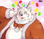 &lt;3 205nin absurd_res anthro bandage_on_face belly blep blush bow_ribbon canid canine canis christmas christmas_clothing clothing domestic_dog fake_antlers fur hi_res holidays key lifewonders live_a_hero male mammal nordic_sled_dog overweight samoyed solo spitz tongue tongue_out white_body white_fur yohack