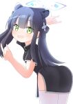  1girl :d animal_ears ass black_dress black_hair blue_archive blush breasts china_dress chinese_clothes cowboy_shot dress green_eyes hair_between_eyes hair_ornament halo highres long_hair looking_at_viewer looking_back open_mouth quupomg short_sleeves shun_(blue_archive) shun_(small)_(blue_archive) sidelocks simple_background small_breasts smile solo standing thighhighs white_background white_thighhighs x_hair_ornament 
