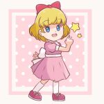  1girl blonde_hair blue_eyes blush bow child chocomiru dress flower full_body looking_at_viewer mother_(game) mother_2 paula_(mother_2) pink_dress polka_dot polka_dot_background puffy_short_sleeves puffy_sleeves red_bow ribbon sanpaku short_sleeves simple_background smile solo upper_body white_ribbon 
