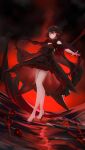  1girl ambiguous_red_liquid bare_legs bare_shoulders barefoot black_cape black_dress black_hair braid breasts cape chinese_commentary cleavage cleavage_cutout clothing_cutout commentary cradle_(punishing:_gray_raven) dress floating from_below full_body glowing glowing_eyes highres holding holding_scythe holding_weapon huge_weapon looking_at_viewer looking_down magic_circle multicolored_hair nail_polish panluo pleated_skirt punishing:_gray_raven red_eyes red_hair red_nails red_sky scythe shoulder_cutout skirt sky small_breasts smile solo streaked_hair symbol-shaped_pupils toenail_polish toenails twin_braids weapon 