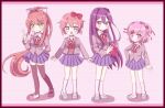  4girls black_thighhighs blazer blue_eyes blue_skirt book bow brown_hair closed_mouth doki_doki_literature_club green_eyes hair_bow jacket long_hair long_sleeves looking_at_viewer monika_(doki_doki_literature_club) multiple_girls natsuki_(doki_doki_literature_club) open_mouth pink_eyes pink_hair pleated_skirt ponytail purple_eyes purple_hair sayori_(doki_doki_literature_club) school_uniform shadow short_hair skirt smile socks thighhighs true_erg white_socks yuri_(doki_doki_literature_club) 