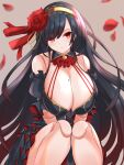  1girl alta_(sennen_sensou_aigis) alternate_breast_size arms_between_legs ascot bare_shoulders black_dress black_hair blunt_bangs blunt_ends blurry blurry_background breasts brown_hair cleavage commentary criss-cross_straps detached_collar doll_joints dress earrings falling_petals flower frilled_ascot frilled_dress frills glint gold_hairband gold_trim gradient_hair hair_flower hair_ornament hair_over_one_eye hair_ribbon hairband head_tilt huge_breasts jewelry joints light_frown long_hair looking_at_viewer low_neckline mole mole_on_breast multicolored_hair petals red_ascot red_dress red_eyes red_flower red_ribbon red_rose ribbon rose sennen_sensou_aigis shiny_skin sitting solo sweatdrop two-sided_dress two-sided_fabric very_long_hair yasagure2828 