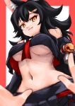  1girl :3 animal_ear_fluff animal_ears bell black_hair black_skirt blurry blush breasts cowboy_shot hair_ornament hairpin highres hololive jingle_bell large_breasts looking_at_viewer navel necktie ookami_mio pov red_necktie skirt superfann3 underboob yellow_eyes 