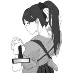  1girl absurdres closed_mouth greyscale hair_ribbon hakama highres holding holding_razor houshou_(kancolle) japanese_clothes kantai_collection kimono long_hair looking_at_viewer looking_back monochrome neck ponytail profile razor ribbon simple_background solo tasuki tocky wide_sleeves 