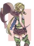  ass black_gloves black_legwear bow bow_(weapon) cloak elf flat_ass flat_chest from_behind gloves goblin_slayer! green_eyes green_hair hair_bow high_elf_archer_(goblin_slayer!) highres leg_warmers long_hair low_ponytail pointy_ears shin_murasame shorts single_sleeve solo thighhighs weapon 