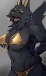 anthro bikini black_body black_fur black_sclera bodily_fluids breasts canid canine clothed clothing egyptian female front_view fur hi_res kemono looking_at_viewer mammal midriff navel nipple_outline open_mouth pyon_ko skimpy solo sweat sweatdrop swimwear teeth yellow_eyes yellow_teeth