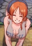  1girl ^_^ all_fours aosora2823 blue_shorts breasts cleavage closed_eyes collarbone commentary_request dress grey_shirt highres large_breasts nami_(one_piece) one_piece orange_hair shirt short_hair shorts shoulder_tattoo sleeveless sleeveless_shirt smile solo tattoo 