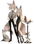  2girls alcohol animal_ears black_dress black_gloves blue_eyes cake cat cat_ears cat_girl cat_tail dress food full_body ghost_(tama) gloves hand_on_own_hip highres long_hair multiple_girls necktie original ponytail side_ponytail simple_background table tail whiskey white_background wolf wolf_ears wolf_girl wolf_tail yellow_eyes 