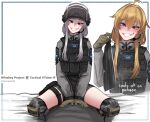  1girl absurdres ahoge blonde_hair blue_eyes blush brown_gloves cowgirl_position english_text gloves grey_hair grey_jacket grin hair_between_eyes half-closed_eyes helmet highres holding_shorts indie_virtual_youtuber jacket long_hair long_sleeves multiple_views popopoka sitting smile straddling teeth thigh_strap whiskey_project white_background 