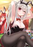  2girls :3 absurdres animal_ears armpits arms_up bare_shoulders black_leotard black_pantyhose blurry blurry_background blush bow bowtie breasts c: casino closed_mouth commentary crossed_legs curvy detached_collar dracu-riot! elena_olegovna_owen eyelashes eyes_visible_through_hair fake_animal_ears feet_out_of_frame grey_hair hair_between_eyes hair_intakes happy highres indoors large_breasts leotard long_hair looking_at_viewer looking_back multiple_girls official_alternate_costume official_alternate_hairstyle one_eye_closed pantyhose playboy_bunny rabbit_ears red_bow red_bowtie red_eyes red_hair side_ponytail smile solo_focus sparkle strapless strapless_leotard thighs tsurime urakawa_^p^ very_long_hair white_wrist_cuffs wrist_cuffs yarai_miu yellow_eyes 