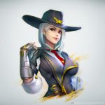  breasts brown_eyes cowboy_hat earrings fingerless_gloves gloves grey_background hat jewelry jpeg_artifacts lipstick long_hair looking_at_viewer makeup medium_breasts mole mole_above_mouth necktie nudtawut_thongmai overwatch silver_hair simple_background smile 