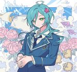  1boy ahoge blue_hair blue_jacket blue_necktie butterflyfish closed_mouth cloud collared_shirt dated ensemble_stars! flower green_eyes hair_between_eyes happy_birthday highres interlocked_fingers jacket long_hair long_sleeves looking_at_viewer male_focus manta_ray meremero necktie own_hands_together pink_flower pink_rose rose school_uniform shinkai_kanata shirt smile solo tropical_fish upper_body yumenosaki_school_uniform 