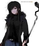  1girl absurdres allsu_official belt black_belt black_eyes black_hair black_sweater blood blood_on_clothes blood_on_face blood_on_hands blood_on_weapon denim fur-trimmed_jacket fur_trim genderswap genderswap_(mtf) hair_over_one_eye highres holding holding_weapon hood hood_down jacket jeans korean_text long_sleeves one_eye_covered pants simple_background solo sweater translation_request tsugino_haru turtleneck turtleneck_sweater weapon white_background zeno_(game) 