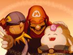  3boys :d closed_eyes facial_hair geno_(mario) gloves gradient_background highres mallow_(mario) mario mario_(series) mrm1627_(green-ball) multiple_boys mustache open_mouth orange_background red_headwear smile super_mario_rpg upper_body white_gloves 