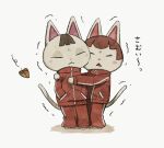  2girls :&lt; animal_crossing blush blush_stickers brown_hair cat_girl closed_eyes closed_mouth cold commentary_request felicity_(animal_crossing) frown furry furry_female hands_in_pockets highres hug jacket kaji_(oni_atat) leaf long_sleeves merry_(animal_crossing) multiple_girls open_mouth pants red_jacket red_pants red_track_suit short_hair simple_background standing track_jacket track_pants track_suit translation_request trembling triangle_mouth white_background 