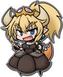  bare_shoulders black_dress blonde_hair blue_eyes bowsette bracelet breasts brooch chibi choker commentary crown dress earrings eyebrows_visible_through_hair hand_on_hip horns jewelry long_hair looking_at_viewer mario_(series) new_super_mario_bros._u_deluxe open_mouth pointy_ears sharp_teeth shell smile solo spiked_bracelet spikes super_crown tail teeth yanagi_(nurikoboshi) 