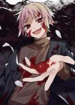  1boy atou_haruki black_jacket blonde_hair blood blood_on_clothes blood_on_face blood_on_hands bright_pupils brown_sweater commentary_request eyes_visible_through_hair highres jacket lu_yi_(rokuichi61) male_focus multicolored_hair open_clothes open_jacket open_mouth pink_hair red_eyes ribbed_sweater saibou_shinkyoku slit_pupils smile solo spoilers sweater turtleneck turtleneck_sweater upper_body white_pupils 