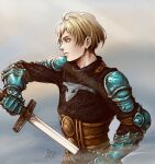  1boy arm_armor armor blonde_hair final_fantasy final_fantasy_tactics head_tilt highres holding holding_weapon looking_to_the_side michelle_kristolia nose pull_out ramza_beoulve short_hair shoulder_armor signature simple_background solo sword upper_body weapon yellow_eyes 