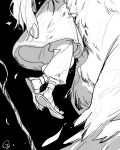  2girls ahndory ambrosia_(dungeon_meshi) black_background centauroid chimera dungeon_meshi falin_thorden feathers greyscale highres long_hair marcille_donato monochrome monster_girl multiple_girls robe sandals signature spoilers taur yuri 