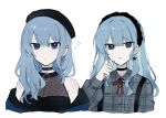  1girl bare_shoulders beret black_choker black_hairband black_headwear blue_eyes blue_hair choker closed_mouth commentary cropped_torso ear_piercing earrings grey_shirt hair_between_eyes hair_twirling hairband hashtag_only_commentary hat hololive hoshimachi_suisei hoshimachi_suisei_(streetwear) jewelry long_hair looking_at_viewer multiple_views off_shoulder parted_lips piercing plaid plaid_shirt saifu_(saihu715) shirt sidelocks simple_background sleeveless sleeveless_shirt sparkle star_(symbol) star_earrings star_in_eye symbol_in_eye upper_body white_background 