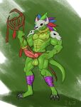 anthro balls bone claws genitals green_body green_skin khloros knot lihzahrd male mask muscular muscular_anthro muscular_male penis skull skull_mask solo staff tail terraria witch_doctor_(terraria)