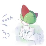  1girl arm_support ass blunt_bangs blush bob_cut colored_skin commentary covered_eyes english_commentary flat_chest grass green_hair hair_over_eyes highres leaning_forward limeblock on_ground open_mouth pokemon pokemon_(creature) ralts scratches short_hair simple_background sitting solo sparkle talking v_arms wariza white_background white_skin 