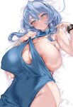  1girl ahoge ako_(blue_archive) ako_(dress)_(blue_archive) areola_slip armpits bare_shoulders bed_sheet blue_archive blue_dress blue_eyes blue_hair blue_halo blush breasts cle_masahiro cleavage closed_mouth collarbone covered_navel covered_nipples cuffs dress hair_between_eyes hair_ornament hairband halo handcuffs highres huge_breasts long_hair looking_at_viewer lying nipple_slip nipples official_alternate_costume on_back plunging_neckline revealing_clothes sideless_dress sidelocks simple_background single_handcuff sleeveless sleeveless_dress solo sweat white_background 