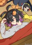  +++ 1boy 1girl black_hair blush bowl carmine_(pokemon) closed_eyes crossed_bangs food food_on_head fruit fruit_on_head grey_sweater hair_between_eyes highres kieran_(pokemon) long_sleeves lying mole mole_on_neck mole_under_eye multicolored_hair object_on_head on_back on_floor orange_(fruit) pokemon pokemon_sv purple_hair red_hair sleeping so_what216 solo_focus sweater tatami twitter_username 