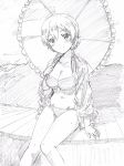  arm_support bangs bikini blush braid breasts cleavage closed_mouth collarbone commentary darjeeling eyebrows_visible_through_hair frilled_umbrella girls_und_panzer graphite_(medium) greyscale groin head_tilt highres holding holding_umbrella knees_together_feet_apart light_blush long_sleeves looking_at_viewer monochrome navel no_pants open_clothes open_shirt parasol pink_x print_shirt shawl shirt short_hair sitting smile solo sweat swimsuit thighs tied_hair traditional_media twin_braids umbrella 