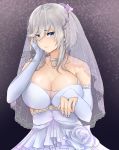  absurdres artist_name azur_lane bangs blue_eyes blush breasts bridal_veil choker cleavage closed_mouth detached_sleeves dress earrings elbow_gloves eyebrows_visible_through_hair fingerless_gloves flower gloves hair_flower hair_ornament hand_on_own_face headband highres jewelry large_breasts looking_at_viewer mole mole_on_breast nail_polish purple_background purple_nails rose short_hair signature smile solo tini veil washington_(azur_lane) wedding_dress white_dress white_flower white_gloves white_hair white_rose 
