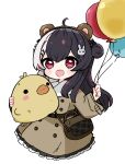  1girl :d ahoge animal_ears bag balloon bear_ears black_hair blush_stickers brown_coat brown_hairband chibi coat commentary double_bun fake_animal_ears grey_hair hair_between_eyes hair_bun hair_ornament hairband handbag highres holding holding_balloon long_hair long_sleeves looking_at_viewer multicolored_hair nijisanji nozo_(hitomiz) rabbit_hair_ornament red_eyes red_hair shoulder_bag simple_background smile solo streaked_hair two-tone_hair very_long_hair virtual_youtuber white_background yorumi_rena 