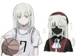  1girl animal_ears ascot ball bang_dream! bang_dream!_it&#039;s_mygo!!!!! basketball_(object) basketball_uniform beret black_shirt blue_brooch brown_eyes commentary cropped_torso dog_ears dog_girl dog_tail earrings grey_hair hair_ornament hairclip hashtag_only_commentary hat holding holding_ball jewelry kemonomimi_mode long_hair looking_at_viewer mask masquerade_mask red_headwear red_vest saifu_(saihu715) shirt short_sleeves sidelocks simple_background sportswear tail upper_body vest wakaba_mutsumi white_ascot white_background white_shirt 