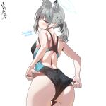  1girl adjusting_clothes adjusting_swimsuit animal_ear_fluff animal_ears artist_name ass black_one-piece_swimsuit blue_archive blue_eyes breasts character_name commentary_request competition_swimsuit cowboy_shot cross_hair_ornament extra_ears grey_hair hair_ornament halo korean_commentary looking_at_viewer looking_back low_ponytail medium_breasts medium_hair mismatched_pupils multicolored_clothes multicolored_swimsuit nagseoyong official_alternate_costume one-piece_swimsuit shiroko_(blue_archive) shiroko_(swimsuit)_(blue_archive) simple_background solo swimsuit white_background wolf_ears 