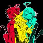  3boys :p absurdres ahoge ascot bandaid bandaid_on_face bandaid_on_nose bishounen black_background black_sleeves cane collarbone crossed_bandaids detached_sleeves facial_tattoo fukase hat head_flag headphones heterochromia highres holding holding_cane huge_ahoge kagamine_len limited_palette long_sleeves male_focus mini_hat mini_top_hat multiple_boys multiple_monochrome number_tattoo one_eye_closed open_mouth outline plug reaching reaching_towards_viewer shirt short_hair sidelocks simple_background tattoo teeth tongue tongue_out top_hat utatane_piko vocaloid white_outline yuzuyooja 