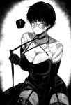  1girl ? absurdres alternate_breast_size black_dress breasts burn_scar cleavage dress garter_straps glasses greyscale highres jujutsu_kaisen large_breasts leash looking_at_viewer monochrome scar scar_on_arm scar_on_face shiny_skin short_hair solo spoken_question_mark sweat thighhighs zen&#039;in_maki zovokia 