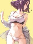  ass_visible_through_thighs breasts cleavage commentary_request domodesu dress_shirt groin groin_tendon kantai_collection looking_away medium_breasts navel panties partially_undressed purple_eyes purple_hair shirt short_hair side-tie_panties solo sports_bra tatsuta_(kantai_collection) underwear yellow_background 