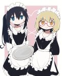  2girls alternate_costume alternate_hairstyle apron arms_behind_back black_hair blonde_hair blue_eyes border closed_mouth collarbone empty_plate expressionless hair_between_eyes hashtag_only_commentary heart heart_of_string highres holding holding_plate icetipia inset_border long_hair looking_at_viewer maid maid_apron maid_headdress multiple_girls orange_eyes outline pink_background plate ponytail shimeji_simulation short_hair sidelocks smile tsukushima_shijima white_border white_outline yamashita_majime 