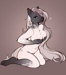 &lt;3 anthro biped breasts bulochka covering covering_breasts digital_media_(artwork) equid equine eyebrows eyelashes female fur gradient_background grey_body grey_eyes grey_fur grey_hair hair hand_on_own_breast hi_res hooves horse kneeling long_hair mammal navel nude simple_background solo white_body white_fur