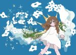  1girl black_nails blue_background brown_hair closed_mouth cloud expressionless flower grass heart heart_tattoo highres leg_tattoo long_hair meitooso o_o original pink_flower shirt sidelocks simple_background solo sparkle star_(symbol) tattoo white_flower white_shirt 