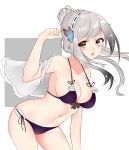  absurdres ayuko_(mochiayuko) azur_lane bare_shoulders bikini blush braid breasts brown_eyes butterfly_hair_ornament commentary_request dunkerque_(azur_lane) hair_ornament hand_up highres large_breasts leaning_forward long_hair looking_at_viewer navel open_mouth side-tie_bikini silver_hair simple_background solo standing swimsuit 