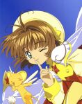  1girl absurdres blue_background blush_stickers brown_hair cardcaptor_sakura child green_eyes highres kero kinomoto_sakura lips magical_girl official_art one_eye_closed open_mouth short_hair simple_background star_(symbol) wings 