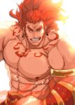  1boy abs armband bara biceps bucchigiri chest_tattoo ear_piercing feet_out_of_frame gauntlets large_pectorals light long_hair looking_at_viewer male_focus manly mature_male muscular muscular_male nipples pectorals piercing red_eyes red_hair senya_(bucchigiri) simple_background smirk solo tattoo teeth tentenkingyo thick_arms thick_eyebrows 