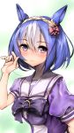  1girl animal_ears blue_hair bow bowtie braid cesario_(umamusume) commentary crown_braid ear_ornament grey_hair hair_between_eyes hair_bow highres horse_ears horse_girl light_brown_hair lips multicolored_hair pink_bow puffy_short_sleeves puffy_sleeves purple_bow purple_bowtie purple_eyes purple_shirt sailor_collar school_uniform shirt short_hair short_sleeves solo summer_uniform tracen_school_uniform umamusume upper_body usapenpen2019 white_sailor_collar 