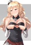  bare_shoulders blonde_hair blush breasts cleavage collarbone commentary_request curly_hair detached_sleeves grey_background hands_up hat juurouta kantai_collection long_hair long_sleeves looking_away mini_hat silver_trim simple_background solo thick_eyebrows twitter_username white_sleeves wing_collar zara_(kantai_collection) 