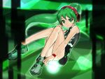  1girl android bare_shoulders bodysuit charu_(saru_getchu) closed_mouth cyberspace full_body green_eyes green_hair headphones highres kei9969 long_hair looking_at_viewer ponytail saru_getchu solo 