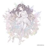  1girl absurdres anya_melfissa barefoot brown_hair dress flower_bed frilled_dress frills highres hololive hololive_indonesia long_hair looking_at_viewer lying on_back purple_eyes shoes simple_background smile solo suimin_(sui_0y0) unworn_shoes virtual_youtuber white_background 