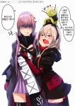  anger_vein bangs biting black_legwear blue_eyes clothes_writing fang girls_frontline gloves hair_between_eyes hands_on_another's_chest headgear highres jacket korean lip_biting long_hair m4_sopmod_ii_(girls_frontline) megaphone multicolored_hair multiple_girls on_head open_mouth pink_hair red_eyes red_hair ro635_(dinergate) st_ar-15_(girls_frontline) streaked_hair tally tears thighhighs translated white_background yellowseeds 